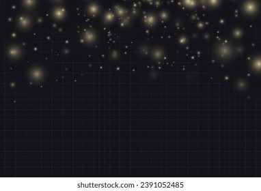 Christmas glowing bokeh confetti light and glitter texture overlay for your design. Festive sparkling gold dust png. Holiday powder dust for cards, invitations, banners, advertising.
