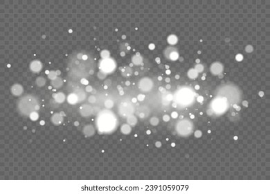  Christmas glowing bokeh confetti light and glitter texture overlay for your design. Festive sparkling white dust png. Holiday powder dust for cards, invitations, banners, advertising.
