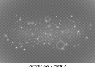 Christmas glowing bokeh confetti light and glitter texture overlay for your design. Festive sparkling white dust png. Holiday powder dust for cards, invitations, banners, advertising.
