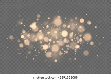 Christmas glowing bokeh confetti light and glitter texture overlay for your design. Festive sparkling gold dust png. Holiday powder dust for cards, invitations, banners, advertising.	
