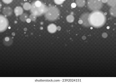  Christmas glowing bokeh confetti light and glitter texture overlay for your design. Festive sparkling white dust png. Holiday powder dust for cards, invitations, banners, advertising.