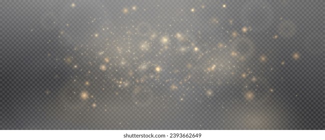 Christmas glowing bokeh confetti light and glitter texture overlay for your design. Festive sparkling gold dust png. Holiday powder dust for cards, invitations, banners, advertising.