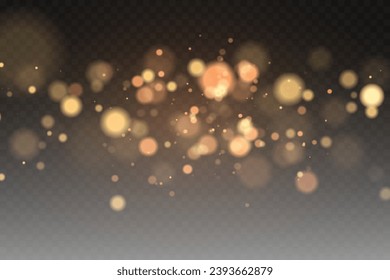 Christmas glowing bokeh confetti light and glitter texture overlay for your design. Festive sparkling gold dust png. Holiday powder dust for cards, invitations, banners, advertising.