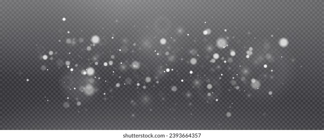 Christmas glowing bokeh confetti light and glitter texture overlay for your design. Festive sparkling white dust png. Holiday powder dust for cards, invitations, banners, advertising.