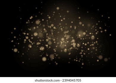 Christmas glowing bokeh confetti light and glitter texture overlay for your design. Festive sparkling gold dust png. Holiday powder dust for cards, invitations, banners, advertising.