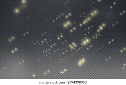 Christmas glowing bokeh confetti light and glitter texture overlay for your design. Festive sparkling gold dust png. Holiday powder dust for cards, invitations, banners, advertising.