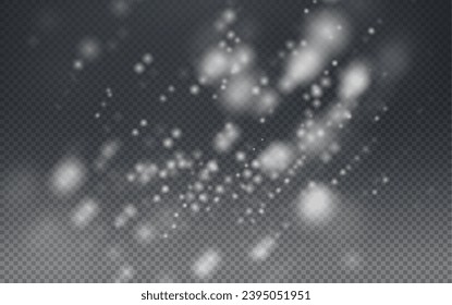 Christmas glowing bokeh confetti light and glitter texture overlay for your design. Festive sparkling white dust png. Holiday powder dust for cards, invitations, banners, advertising.