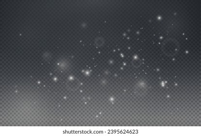 Christmas glowing bokeh confetti light and glitter texture overlay for your design. Festive sparkling white dust png. Holiday powder dust for cards, invitations, banners, advertising.