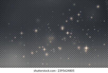 Christmas glowing bokeh confetti light and glitter texture overlay for your design. Festive sparkling gold dust png. Holiday powder dust for cards, invitations, banners, advertising.