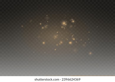 Christmas glowing bokeh confetti light and glitter texture overlay for your design. Festive sparkling gold dust png. Holiday powder dust for cards, invitations, banners, advertising.