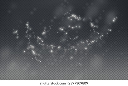 Christmas glowing bokeh confetti light and glitter texture overlay for your design. Festive sparkling white dust png. Holiday powder dust for cards, invitations, banners, advertising.