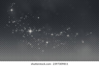 Christmas glowing bokeh confetti light and glitter texture overlay for your design. Festive sparkling white dust png. Holiday powder dust for cards, invitations, banners, advertising.