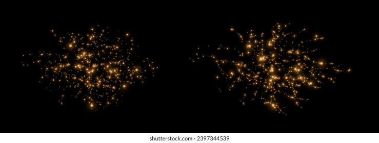 Christmas glowing bokeh confetti light and glitter texture overlay for your design. Festive sparkling gold dust png. Holiday powder dust for cards, invitations, banners, advertising.