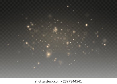 Christmas glowing bokeh confetti light and glitter texture overlay for your design. Festive sparkling gold dust png. Holiday powder dust for cards, invitations, banners, advertising.