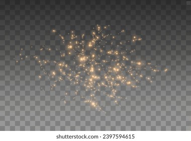 Christmas glowing bokeh confetti light and glitter texture overlay for your design. Festive sparkling gold dust png. Holiday powder dust for cards, invitations, banners, advertising.