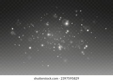 Christmas glowing bokeh confetti light and glitter texture overlay for your design. Festive sparkling white dust png. Holiday powder dust for cards, invitations, banners, advertising.