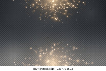 Christmas glowing bokeh confetti light and glitter texture overlay for your design. Festive sparkling gold dust png. Holiday powder dust for cards, invitations, banners, advertising.