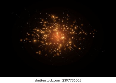 Christmas glowing bokeh confetti light and glitter texture overlay for your design. Festive sparkling gold dust png. Holiday powder dust for cards, invitations, banners, advertising.