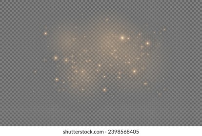 Christmas glowing bokeh confetti light and glitter texture overlay for your design. Festive sparkling gold dust png. Holiday powder dust for cards, invitations, banners, advertising.