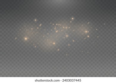 Christmas glowing bokeh confetti light and glitter texture overlay for your design. Festive sparkling gold dust png. Holiday powder dust for cards, invitations, banners, advertising.