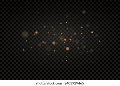 Christmas glowing bokeh confetti light and glitter texture overlay for your design. Festive sparkling gold dust png. Holiday powder dust for cards, invitations, banners, advertising.