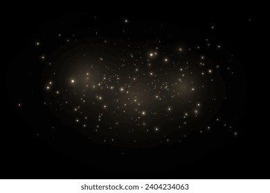Christmas glowing bokeh confetti light and glitter texture overlay for your design. Festive sparkling gold dust png. Holiday powder dust for cards, invitations, banners, advertising.