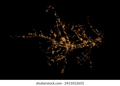 Christmas glowing bokeh confetti light and glitter texture overlay for your design. Festive sparkling gold dust png. Holiday powder dust for cards, invitations, banners, advertising.
