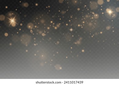 Christmas glowing bokeh confetti light and glitter texture overlay for your design. Festive sparkling gold dust png. Holiday powder dust for cards, invitations, banners, advertising.