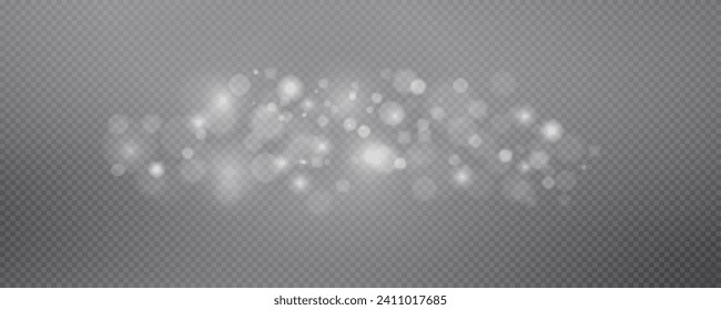 Christmas glowing bokeh confetti light and glitter texture overlay for your design. Festive sparkling white dust png. Holiday powder dust for cards, invitations, banners, advertising.
