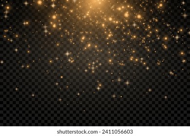 Christmas glowing bokeh confetti light and glitter texture overlay for your design. Festive sparkling gold dust png. Holiday powder dust for cards, invitations, banners, advertising.