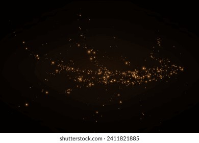 Christmas glowing bokeh confetti light and glitter texture overlay for your design. Festive sparkling gold dust png. Holiday powder dust for cards, invitations, banners, advertising.