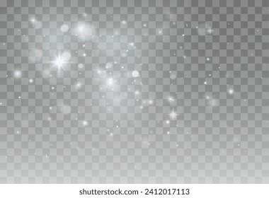 Christmas glowing bokeh confetti light and glitter texture overlay for your design. Festive sparkling white dust png. Holiday powder dust for cards, invitations, banners, advertising.