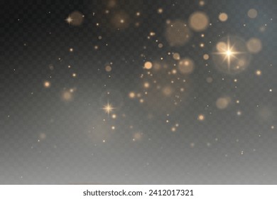 Christmas glowing bokeh confetti light and glitter texture overlay for your design. Festive sparkling gold dust png. Holiday powder dust for cards, invitations, banners, advertising.