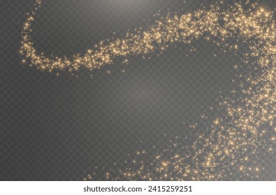 Christmas glowing bokeh confetti light and glitter texture overlay for your design. Festive sparkling gold dust png. Holiday powder dust for cards, invitations, banners, advertising.