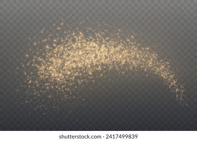 Christmas glowing bokeh confetti light and glitter texture overlay for your design. Festive sparkling gold dust png. Holiday powder dust for cards, invitations, banners, advertising.