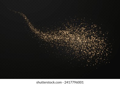 Christmas glowing bokeh confetti light and glitter texture overlay for your design. Festive sparkling gold dust png. Holiday powder dust for cards, invitations, banners, advertising.