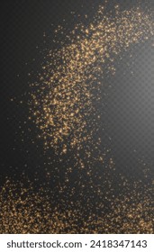 Christmas glowing bokeh confetti light and glitter texture overlay for your design. Festive sparkling gold dust png. Holiday powder dust for cards, invitations, banners, advertising.