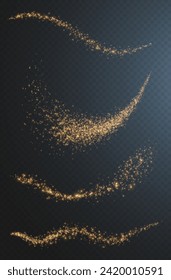 Christmas glowing bokeh confetti light and glitter texture overlay for your design. Festive sparkling gold dust png. Holiday powder dust for cards, invitations, banners, advertising.