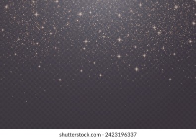 Christmas glowing bokeh confetti light and glitter texture overlay for your design. Festive sparkling gold dust png. Holiday powder dust for cards, invitations, banners, advertising.