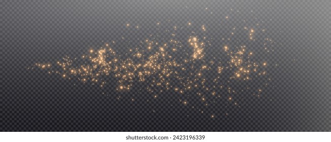 Christmas glowing bokeh confetti light and glitter texture overlay for your design. Festive sparkling gold dust png. Holiday powder dust for cards, invitations, banners, advertising.