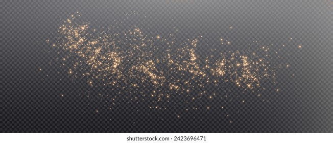 Christmas glowing bokeh confetti light and glitter texture overlay for your design. Festive sparkling gold dust png. Holiday powder dust for cards, invitations, banners, advertising.