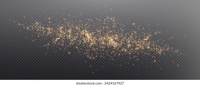 Christmas glowing bokeh confetti light and glitter texture overlay for your design. Festive sparkling gold dust png. Holiday powder dust for cards, invitations, banners, advertising.