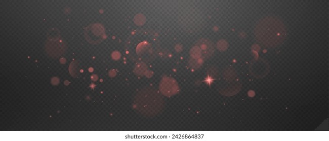 Christmas glowing bokeh confetti light and glitter texture overlay for your design. Festive sparkling red dust png. Holiday powder dust for cards, invitations, banners, advertising.