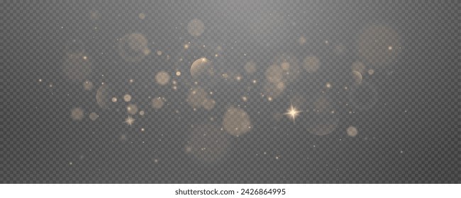 Christmas glowing bokeh confetti light and glitter texture overlay for your design. Festive sparkling gold dust png. Holiday powder dust for cards, invitations, banners, advertising.