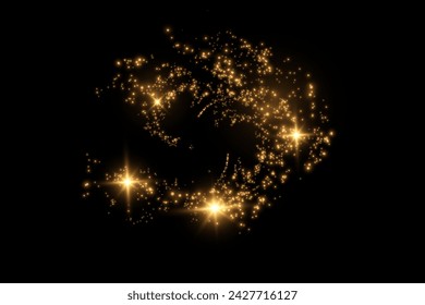 Christmas glowing bokeh confetti light and glitter texture overlay for your design. Festive sparkling gold dust png. Holiday powder dust for cards, invitations, banners, advertising.