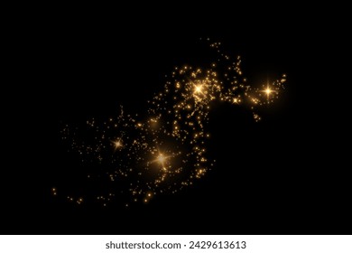 Christmas glowing bokeh confetti light and glitter texture overlay for your design. Festive sparkling gold dust png. Holiday powder dust for cards, invitations, banners, advertising.
