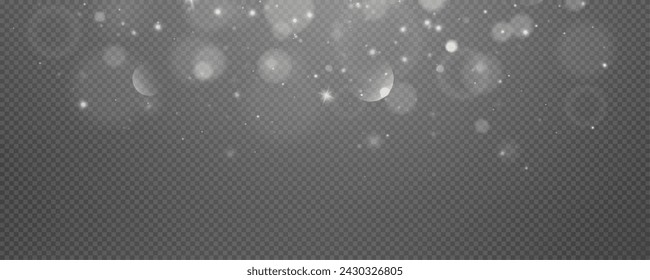 Christmas glowing bokeh confetti light and glitter texture overlay for your design. Festive sparkling white dust png. Holiday powder dust for cards, invitations, banners, advertising.