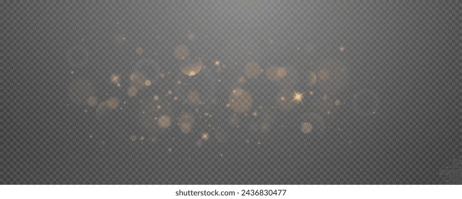 Christmas glowing bokeh confetti light and glitter texture overlay for your design. Festive sparkling gold dust png. Holiday powder dust for cards, invitations, banners, advertising.
