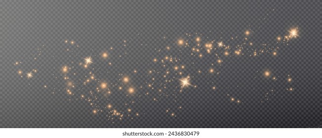 Christmas glowing bokeh confetti light and glitter texture overlay for your design. Festive sparkling gold dust png. Holiday powder dust for cards, invitations, banners, advertising.