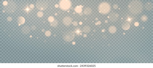 Christmas glowing bokeh confetti light and glitter texture overlay for your design. Festive sparkling gold dust png. Holiday powder dust for cards, invitations, banners, advertising.